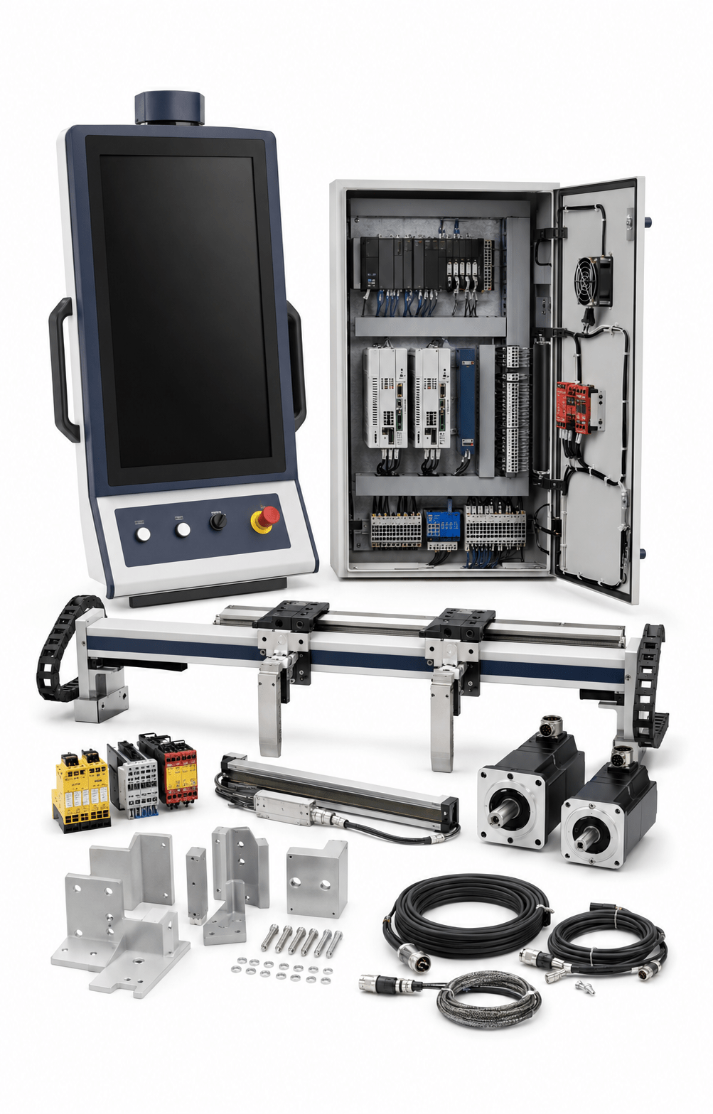Compatible Accurpress press brake retrofit and control upgrade kit on a white background