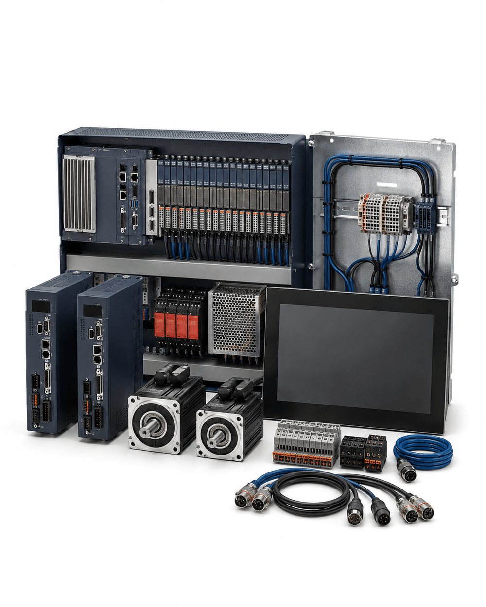 PLC and motion control retrofit kit with industrial controller, servo drives and motors on white background