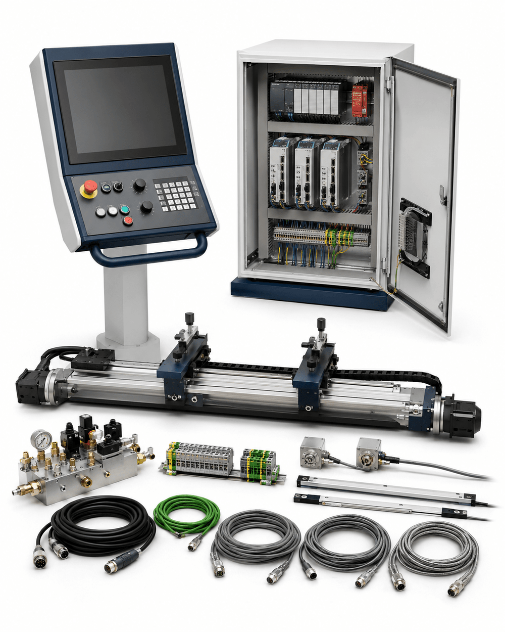 Compatible Cincinnati press brake CNC control and backgauge retrofit kit on a white background