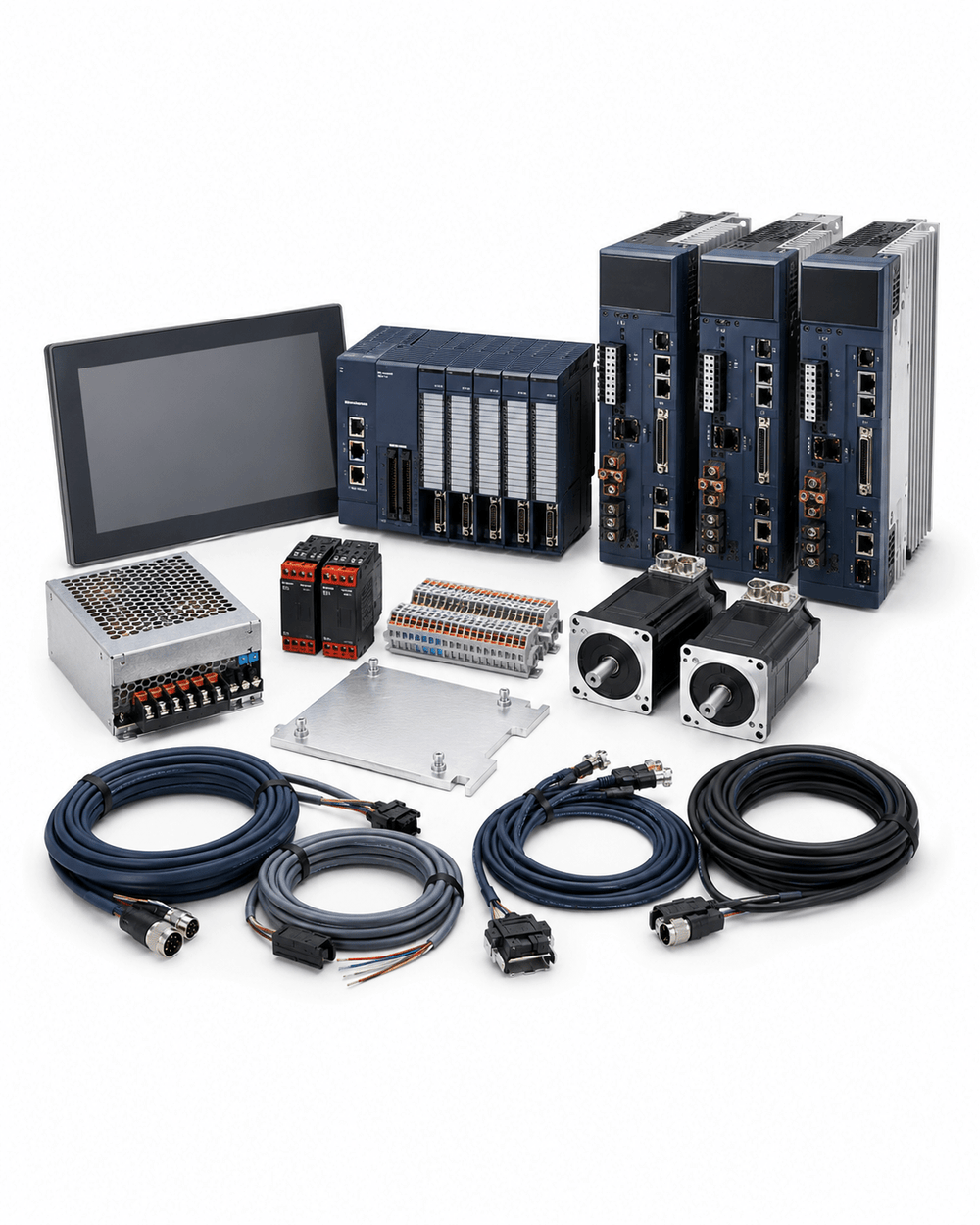 PLC HMI and servo drive retrofit service kit with motors and cables on white background