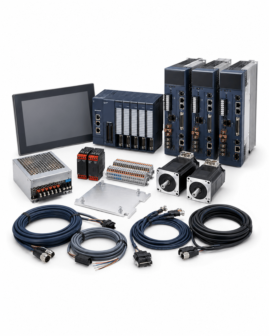 PLC HMI and servo drive retrofit service kit with motors and cables on white background