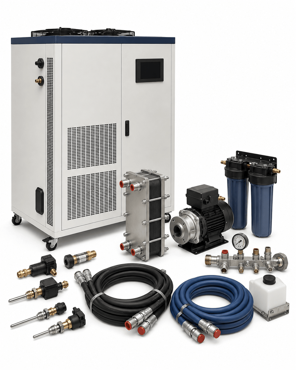 Fiber laser chiller replacement and cooling system upgrade kit on a white background