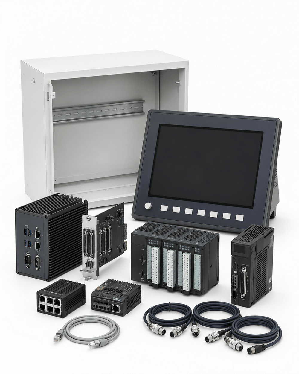 Industrial CNC controller and software upgrade package on a white background