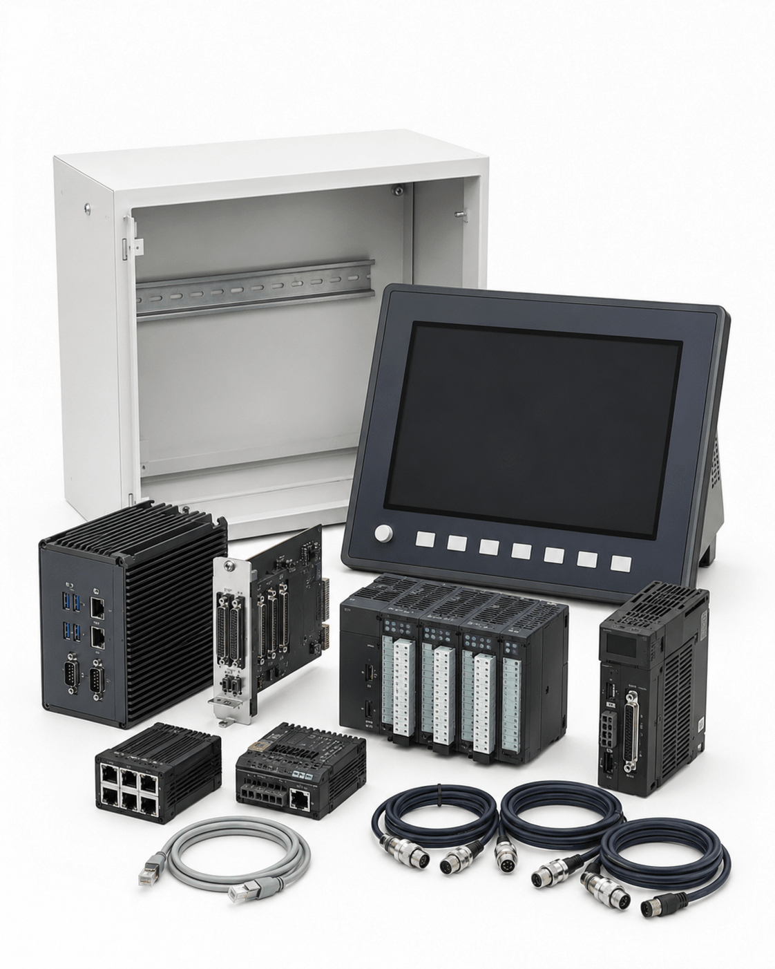 Industrial CNC controller and software upgrade package on a white background