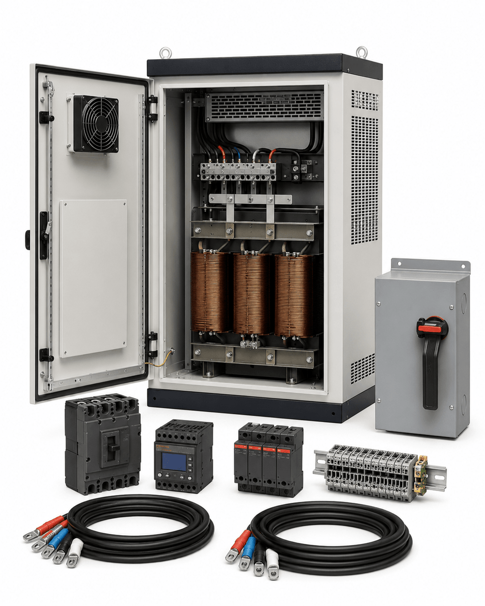 Industrial transformer, voltage stabilizer, and conversion equipment on a white background