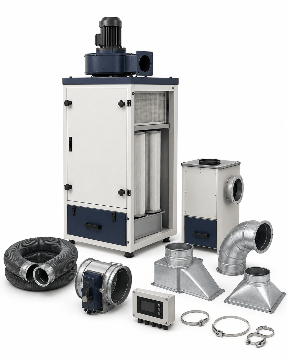 Mobile industrial welding fume extraction system on a white background