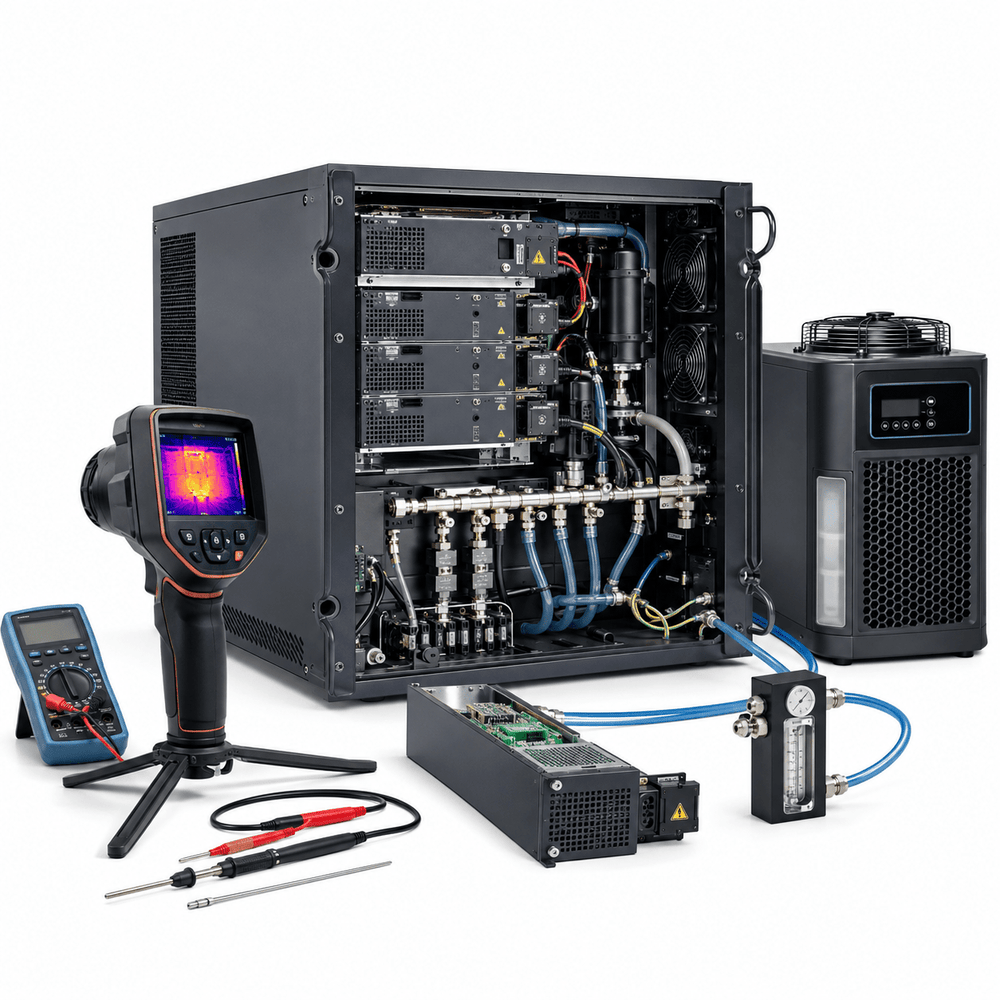 MAX fiber laser source alarm module and overtemperature repair diagnostics on white background