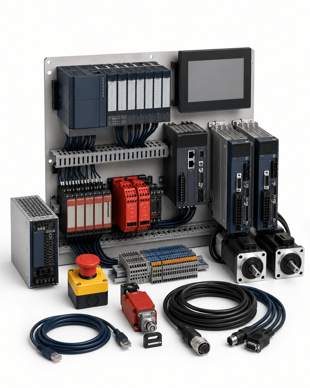 Industrial touchscreen HMI, PLC, and safety-control upgrade kit on a white background
