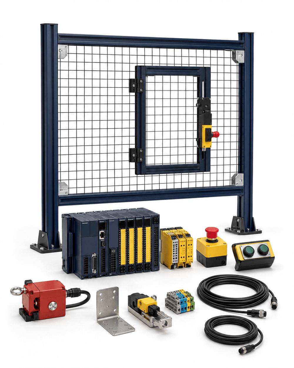 Safety PLC and modular machine guarding retrofit service equipment on white background