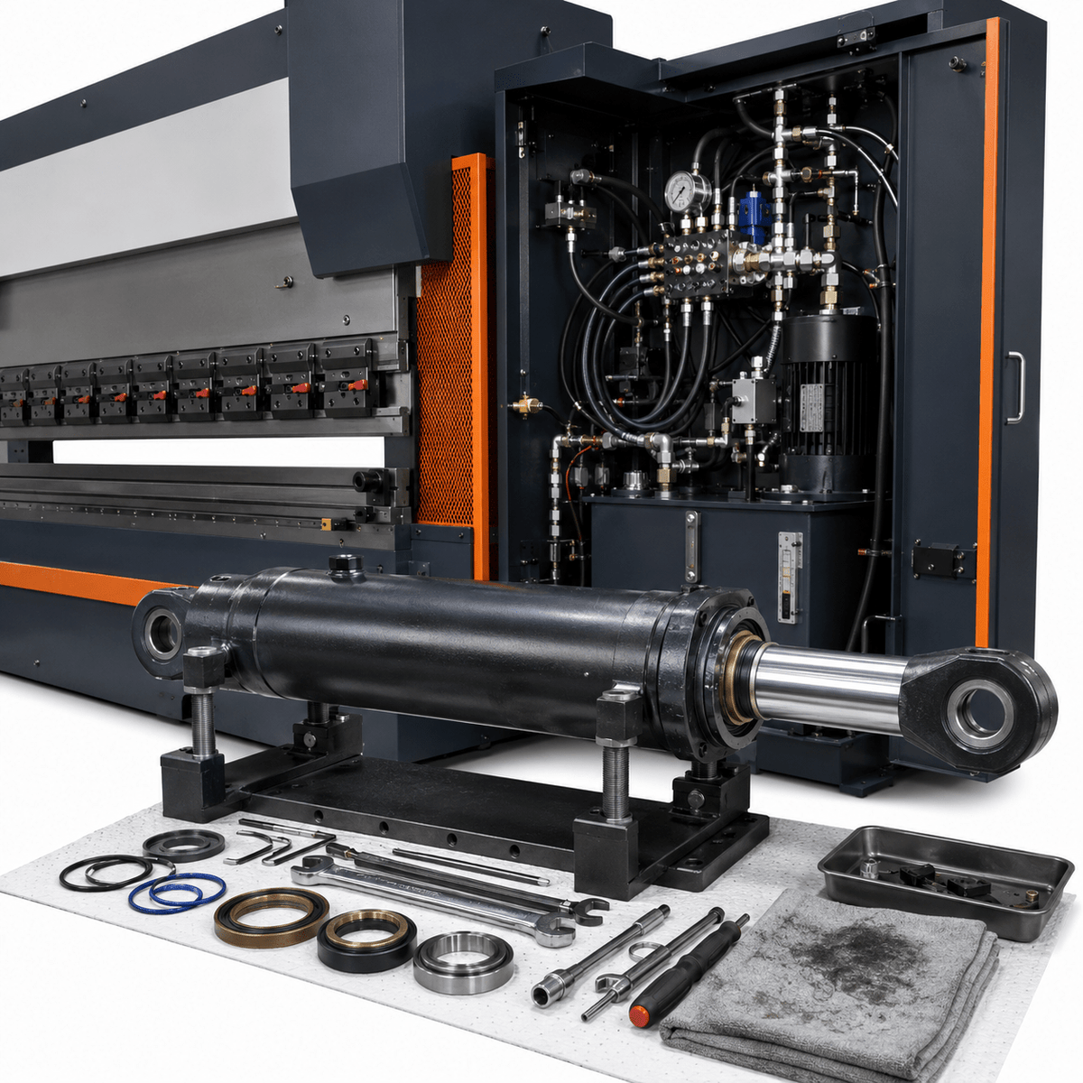 Press brake hydraulic cylinder and seal service components on a white background