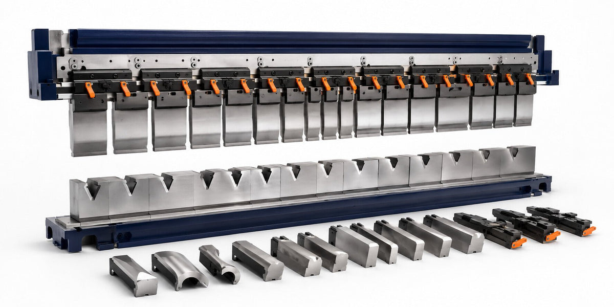 Press brake front support and tooling system components on a white background