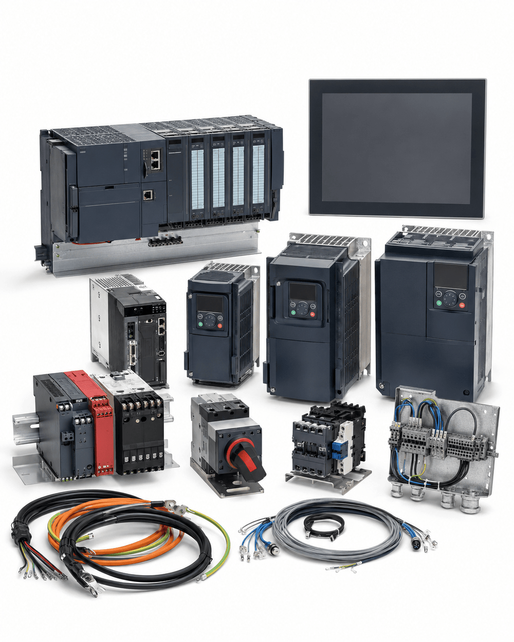 PLC HMI and industrial drive retrofit technical kit on white background