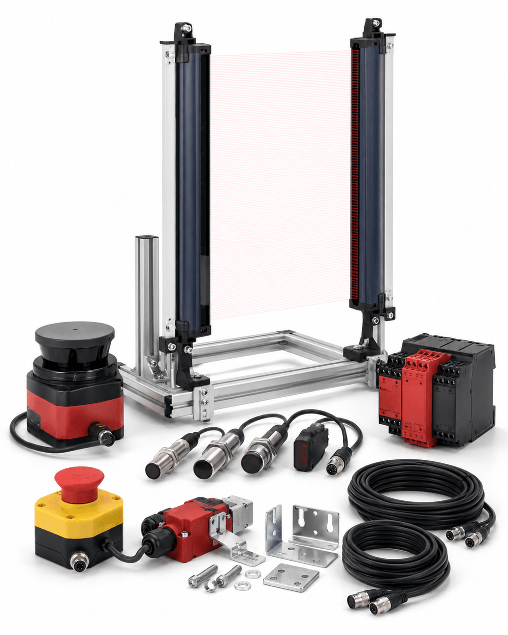 Machine safety light curtain sensors and control retrofit kit on white background