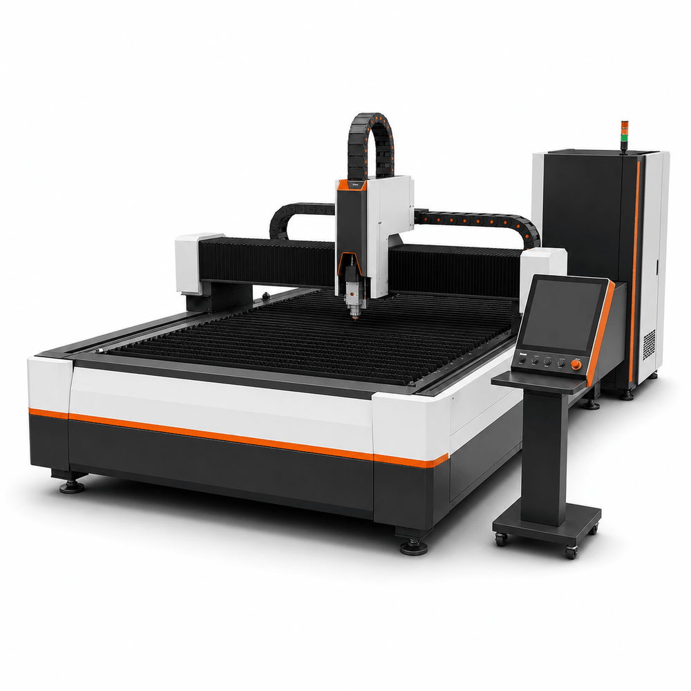 UmproTech 3kW 5 ft x 10 ft open-table fiber laser cutting machine on a white background