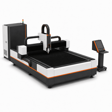 Elevated rear-left three-quarter view of UmproTech 6kW 5×10 open-table fiber laser cutting machine