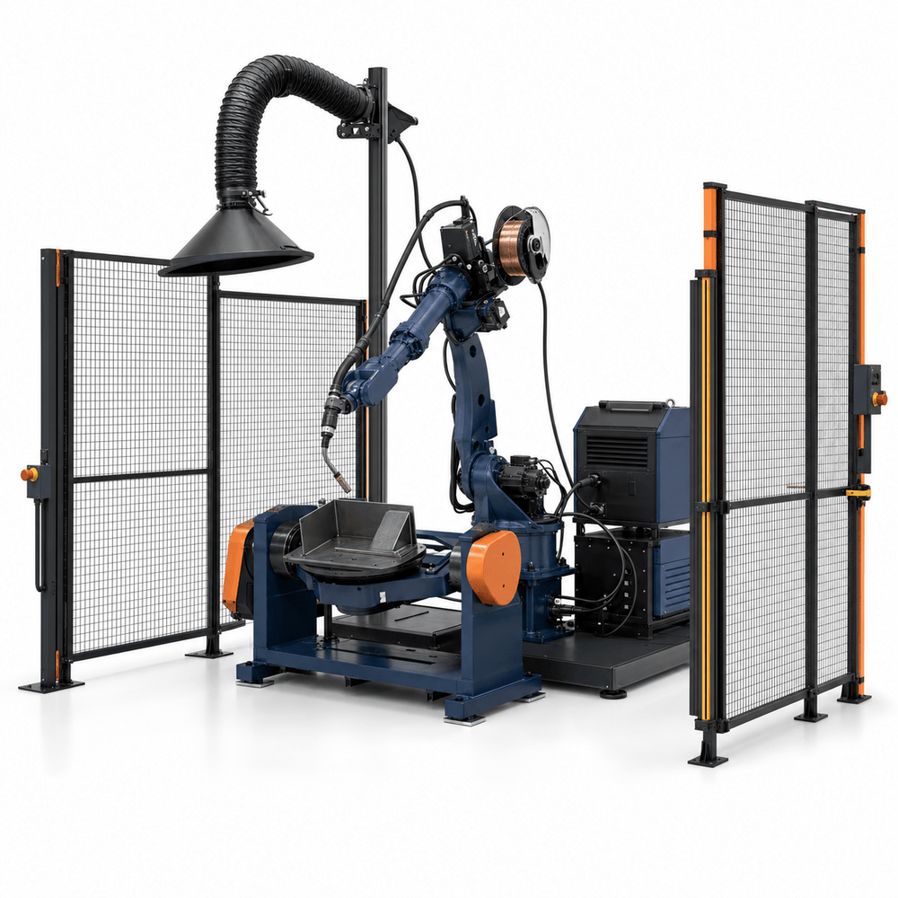 Industrial robotic welding and cutting automation cell on a white background
